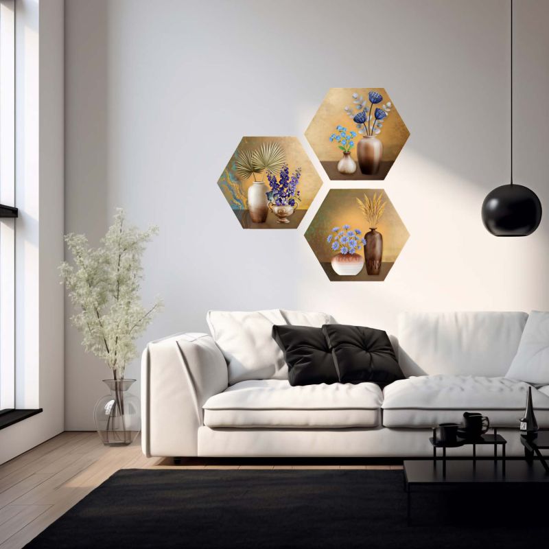 3 Piece Hexagon Shape Floral Theme Wall Art Decor for Living Room and Bedroom UV Textured MDF Home & Office Wall Decoration